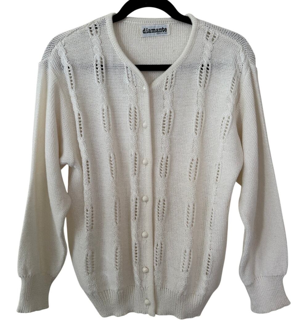 Diamante Ivory Knit Cardigan Made In Italy Large Vintage Coquette Boho Academia